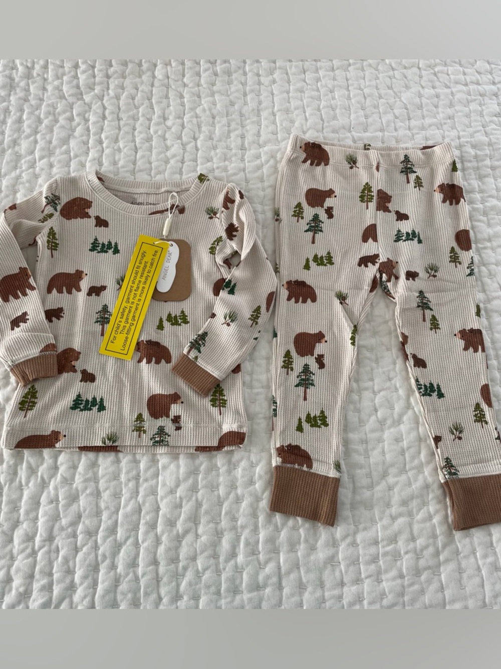 NWT Angel Dear Waffle Thermal Brown Bear Print Long Sleeve & Pants Pajama Set 2T